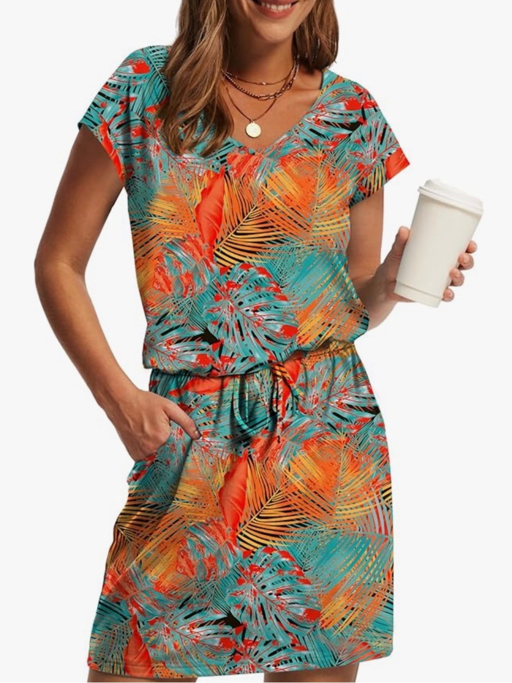 Tropical V-Neck Tie-Waist Swim Coverup Dress in Teal & Orange